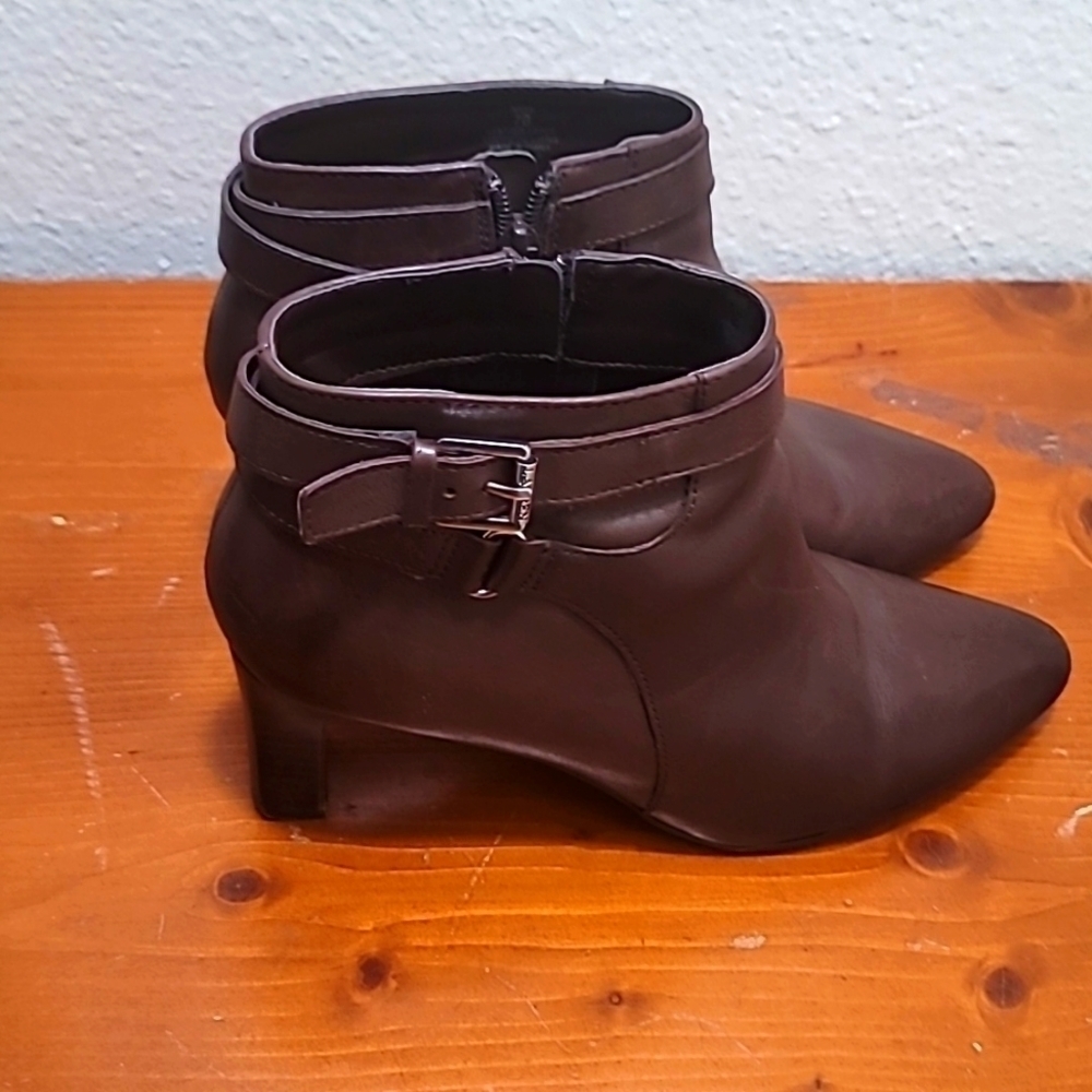 Lauren Ralph‎ Lauren Brown Leather Buckle Ankle Boots Womens Pointed Toe Heel